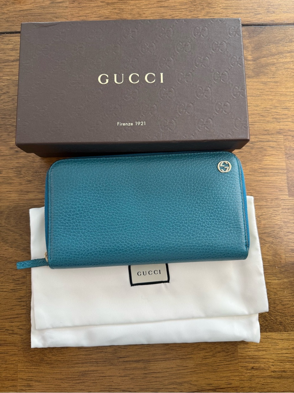 Gucci Teal Interlocking GG Zip Around Leather Wallet